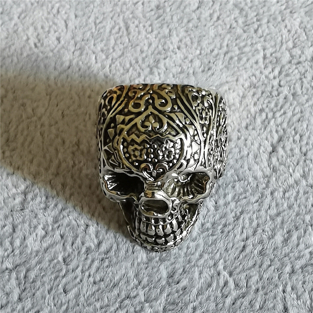 Mexican Style Carved Skull Head Titanium Steel Ring for Men