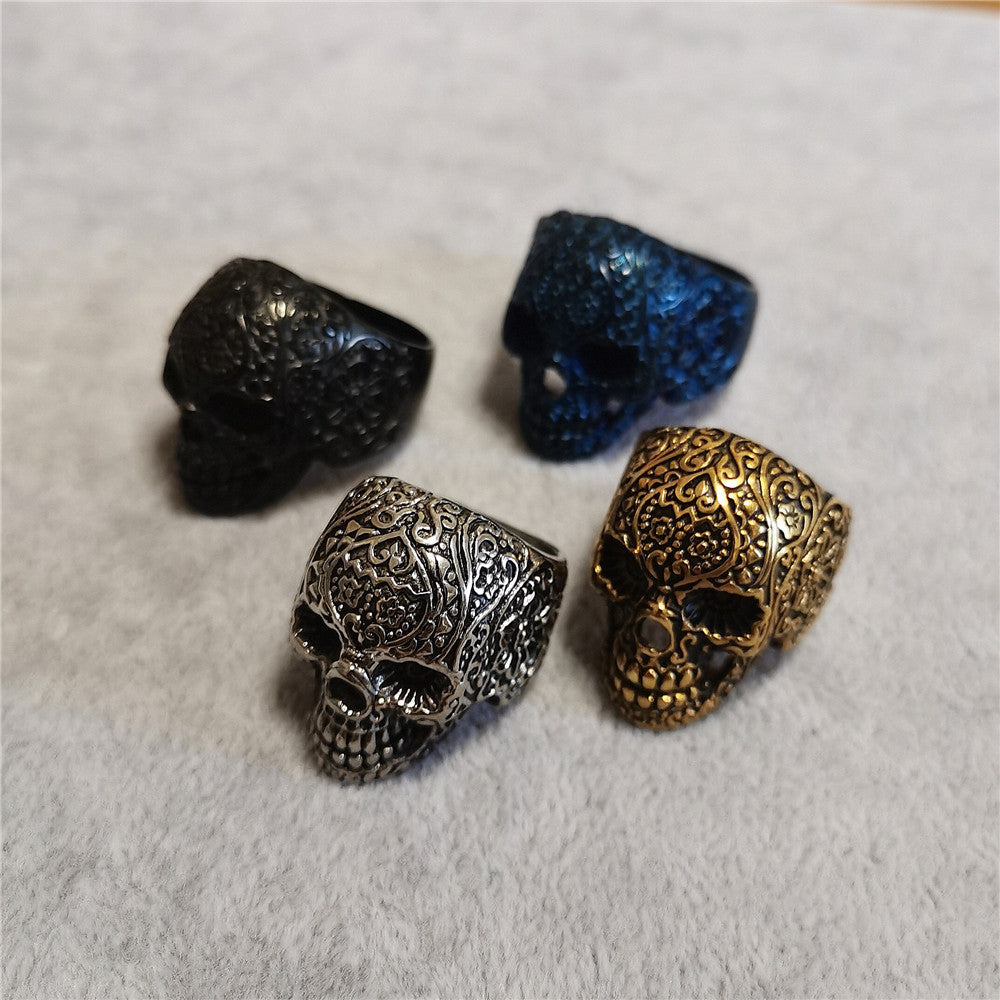 Mexican Style Carved Skull Head Titanium Steel Ring for Men