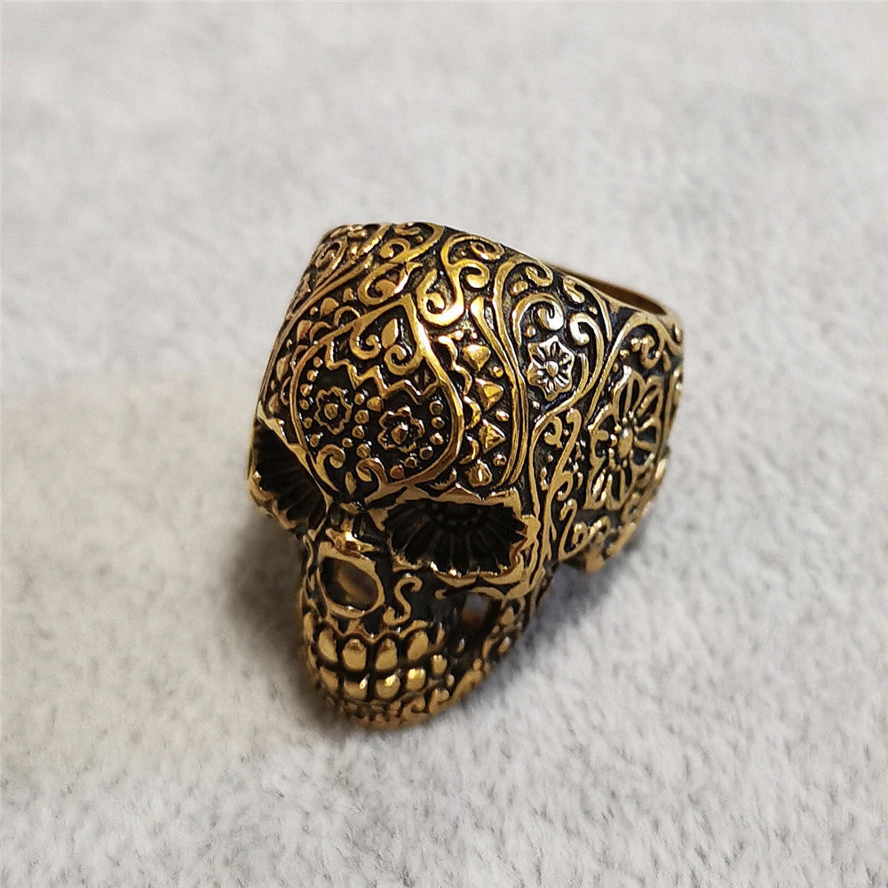 Mexican Style Carved Skull Head Titanium Steel Ring for Men