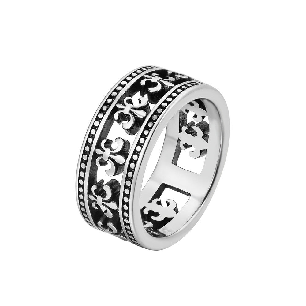 Wide Hollow Row of Childern Flower Titanium Steel Ring for Men