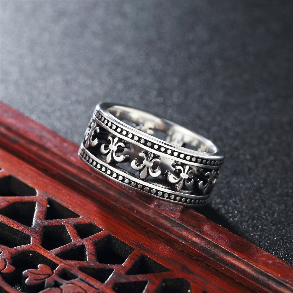 Wide Hollow Row of Childern Flower Titanium Steel Ring for Men