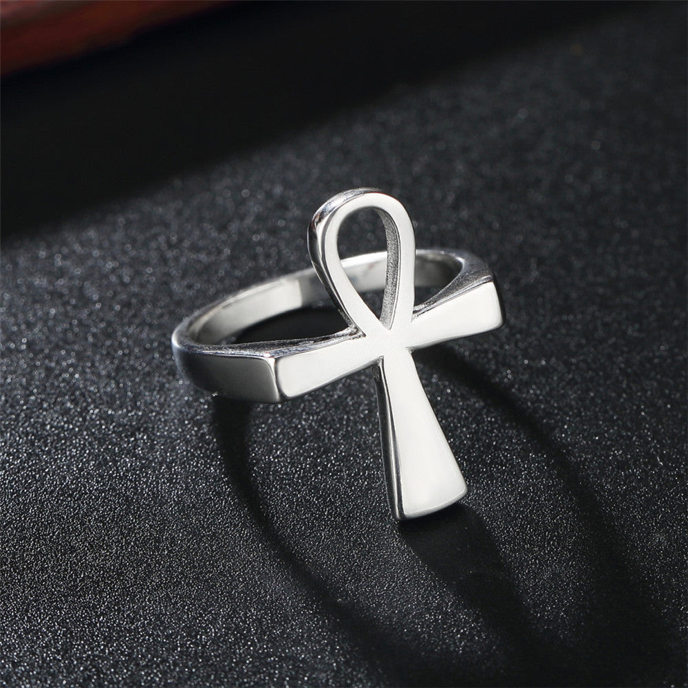 Egyptian Ankh Cross Polished Titanium Steel Ring for Men