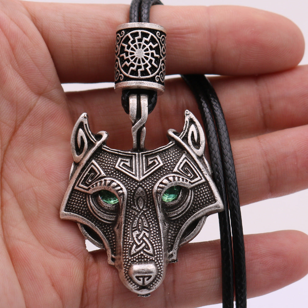 Viking Wolf Head Necklace with Green Eye - Norse Legacy Collection