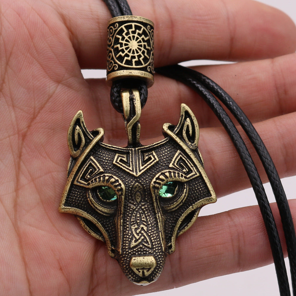 Viking Wolf Head Necklace with Green Eye - Norse Legacy Collection