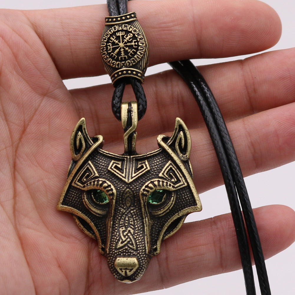 Viking Wolf Head Necklace with Green Eye - Norse Legacy Collection