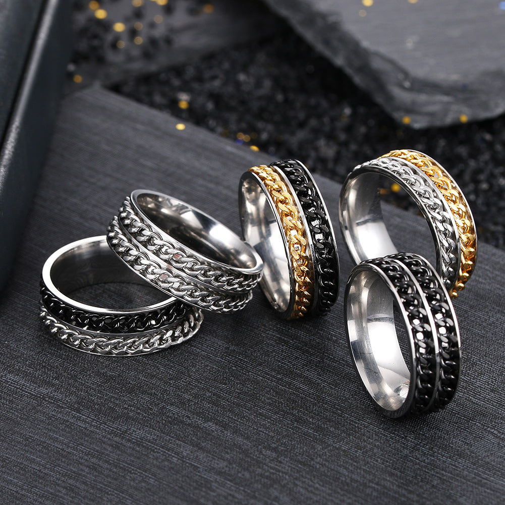 Men's Titanium Steel Double Chain Rotating Rings with Pressure-Reducing Cross-Border Jewelry