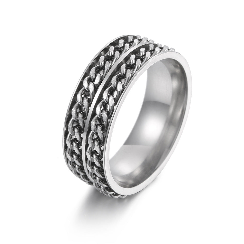 Men's Titanium Steel Double Chain Rotating Rings with Pressure-Reducing Cross-Border Jewelry