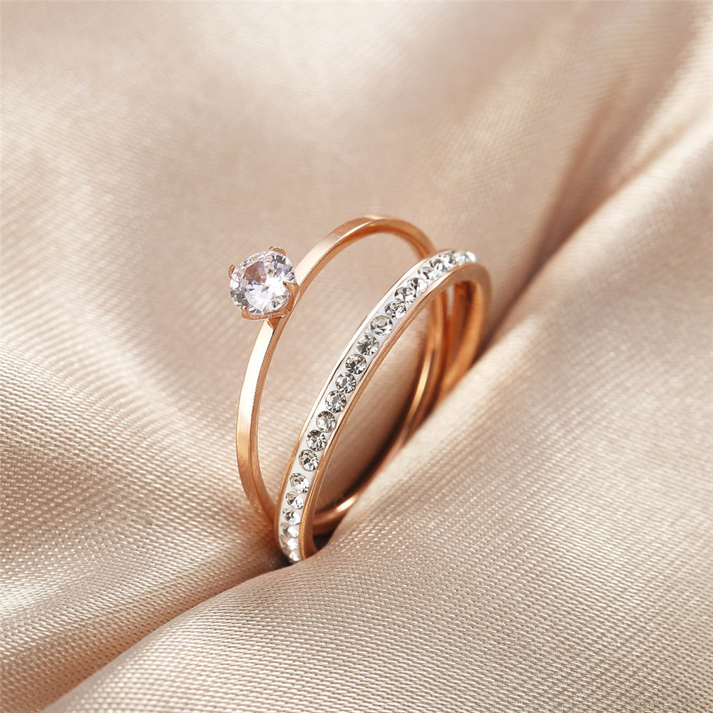 Sparkling Zircon Rose Gold Double Ring for Women - Titanium Steel Statement Ring