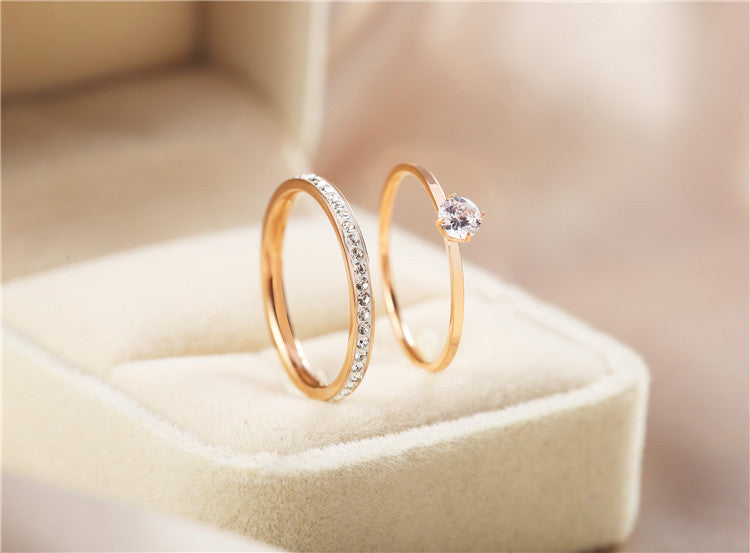 Sparkling Zircon Rose Gold Double Ring for Women - Titanium Steel Statement Ring