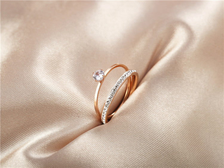 Sparkling Zircon Rose Gold Double Ring for Women - Titanium Steel Statement Ring