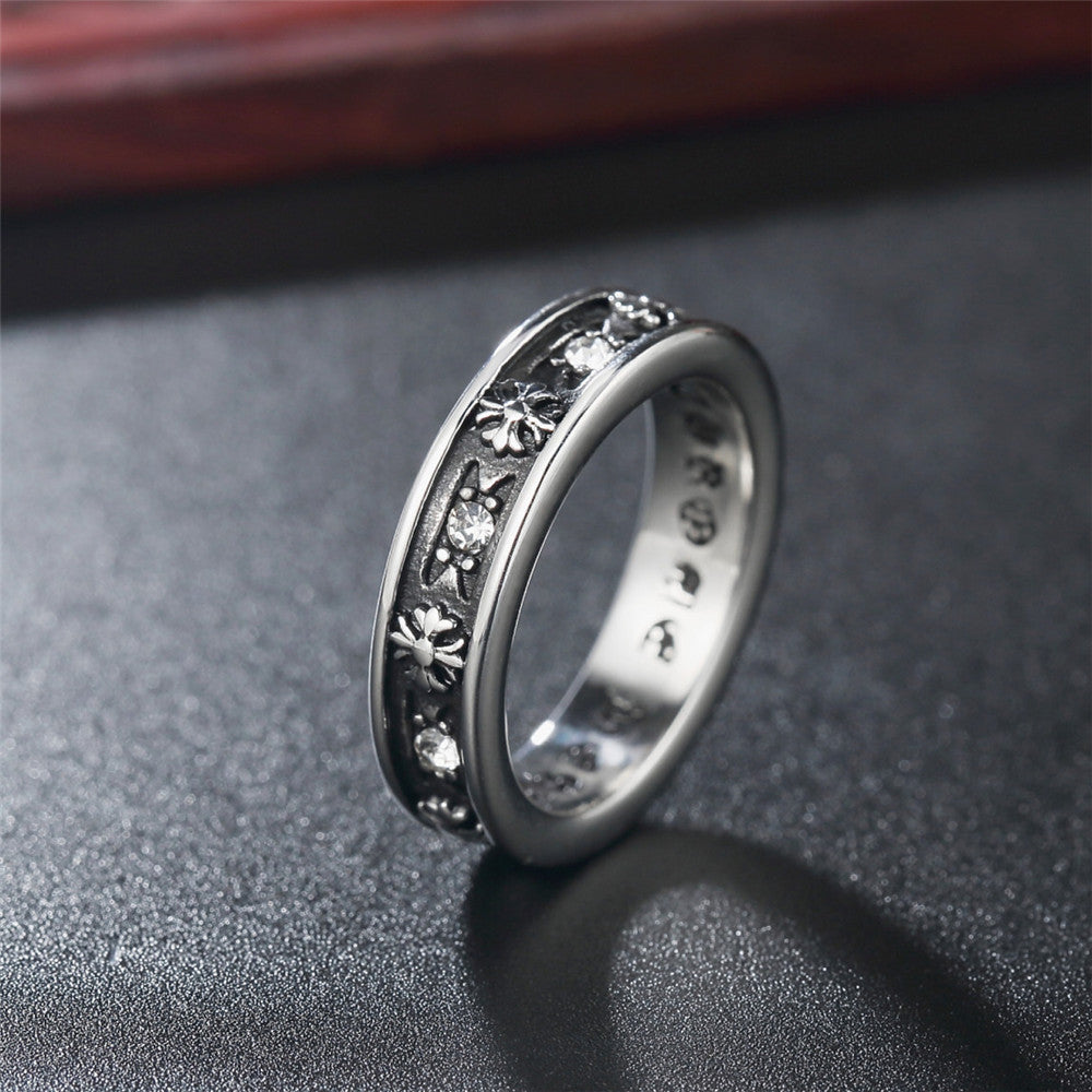 Cross Flower Zircon Titanium Steel Ring for Men