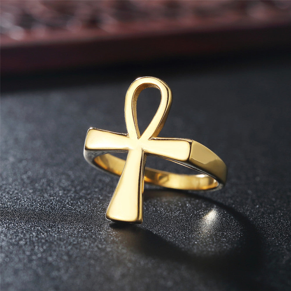 Egyptian Ankh Cross Polished Titanium Steel Ring for Men