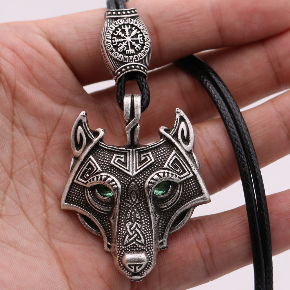 Viking Wolf Head Necklace with Green Eye - Norse Legacy Collection