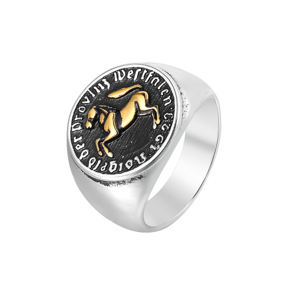 Knight Warhorse Coin Titanium Steel Ring for Men