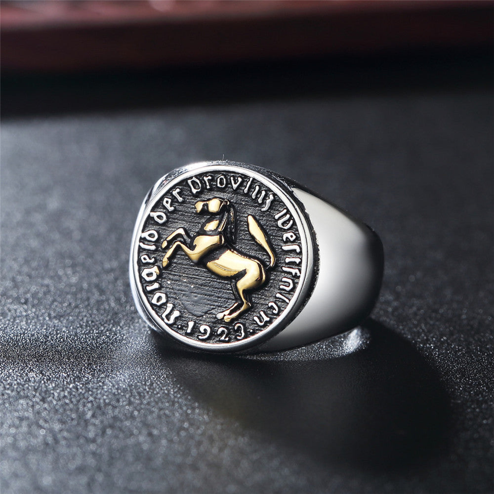 Knight Warhorse Coin Titanium Steel Ring for Men