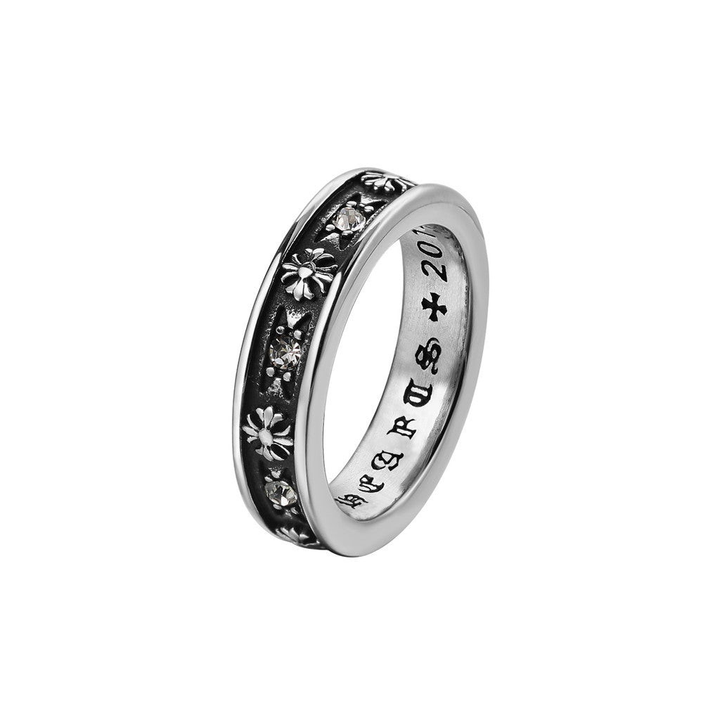 Cross Flower Zircon Titanium Steel Ring for Men