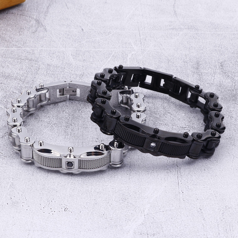 Men's Titanium Steel Bracelet with Zircon-Studded Locomotive Chains - Bold Creative Jewelry