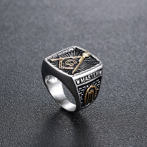 Men's Retro Diamond-Encrusted Masonic Stainless Steel Ring - European and American Fashion Jewelry