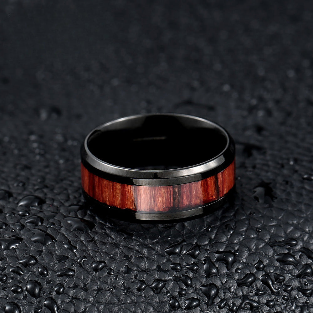 Korean-Inspired Stainless Steel Ring with Wood Pattern for Men - Bold Fashion Jewelry