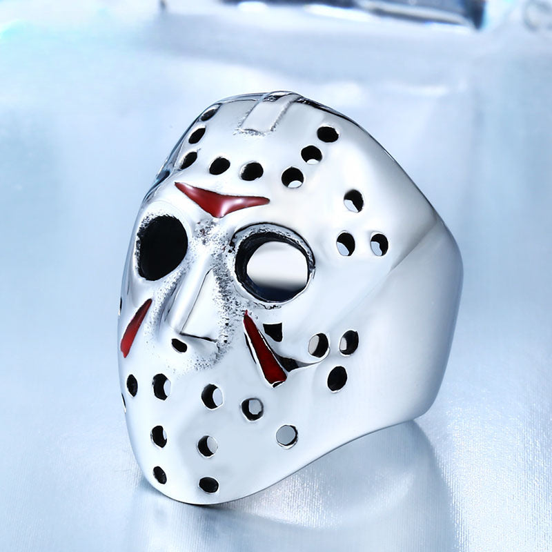 Bold Titanium Steel Ring with Jason Mask Design - Men's Epoxy Jewelry for Film and TV Enthusiasts