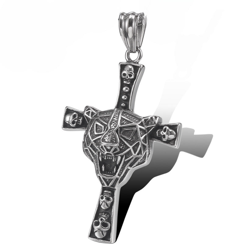 Korean-Inspired Retro Cross Tiger Head Titanium Steel Pendant for Men, Unique Stainless Steel Jewelry