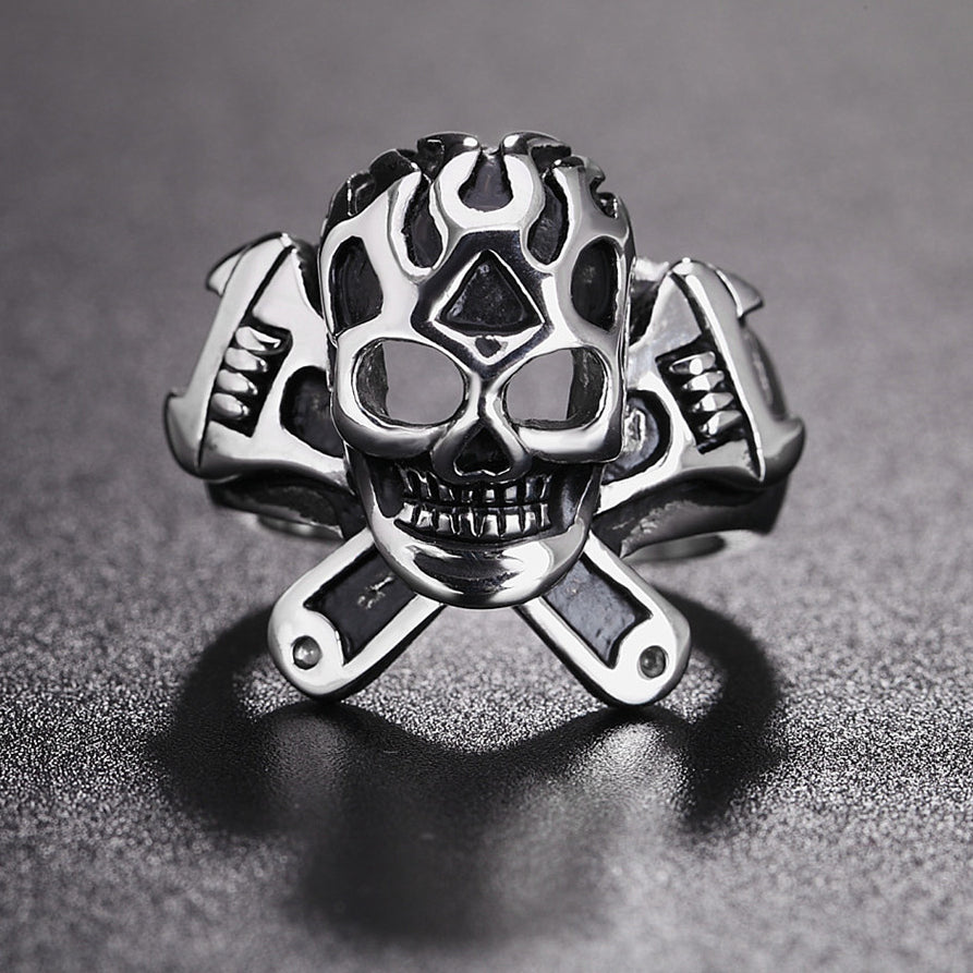 Halloween Motorcycle Wrench Skull Titanium Steel Ring for Men