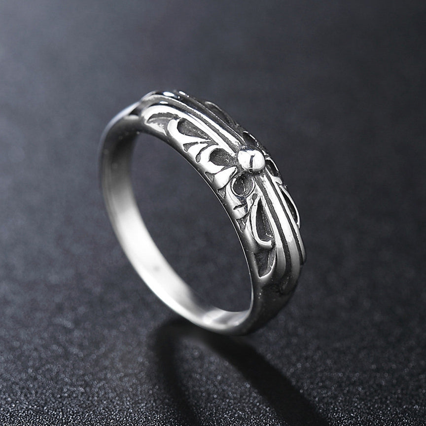 Long Cross Flower Titanium Steel Ring for Men