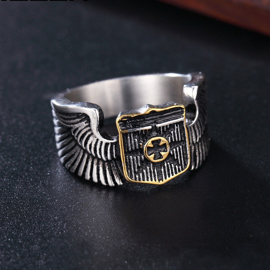 Crusader Shield Teutonic Cross Wings Titanium Steel Ring for Men