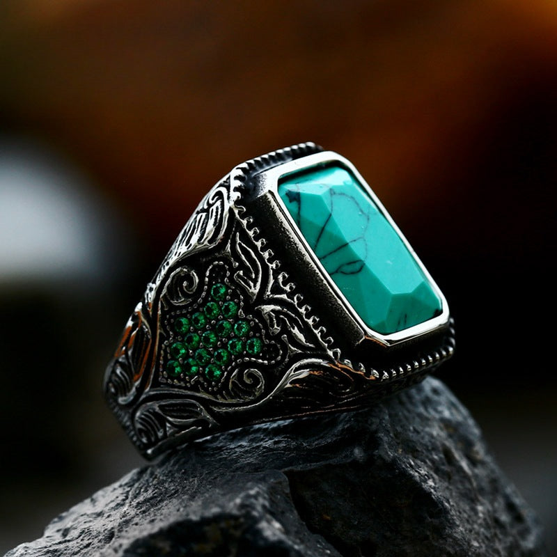 Stylish Retro Titanium Steel Men's Ring with Elegant Inlaid Gemstones - Wholesale Chic European and American Design