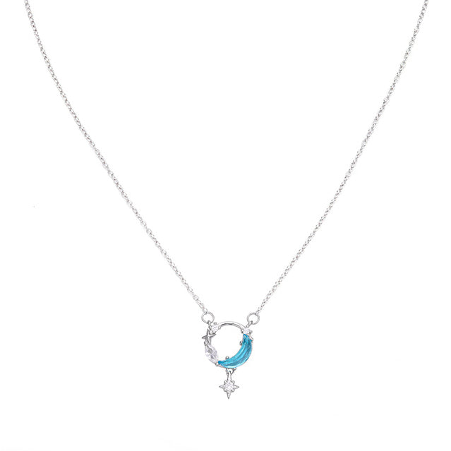 Circle Blue Moon Star Zircon Silver Necklace