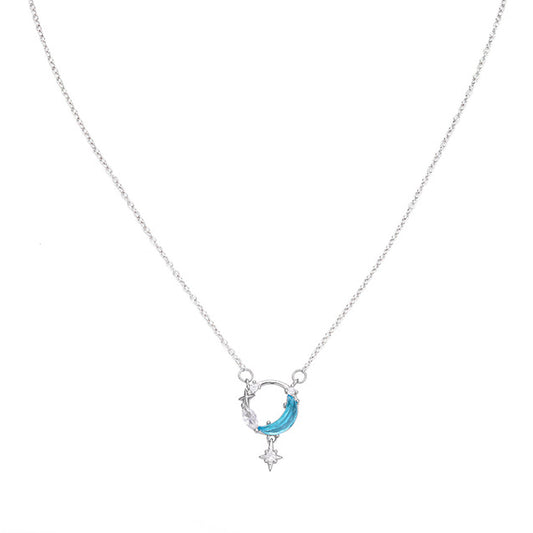 Circle Blue Moon Star Zircon Silver Necklace