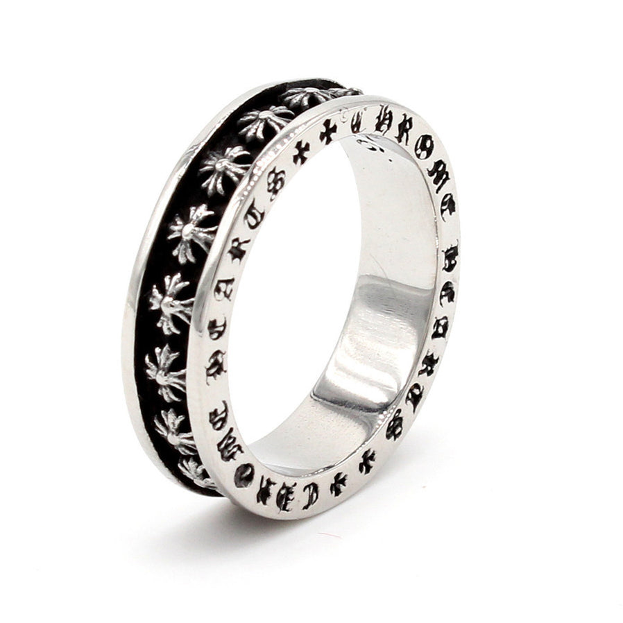 Row of Cross Flower Inscription Titanium Steel Ring for Men