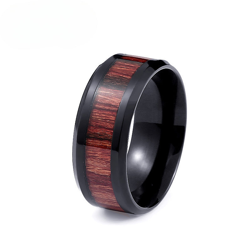 Korean-Inspired Stainless Steel Ring with Wood Pattern for Men - Bold Fashion Jewelry