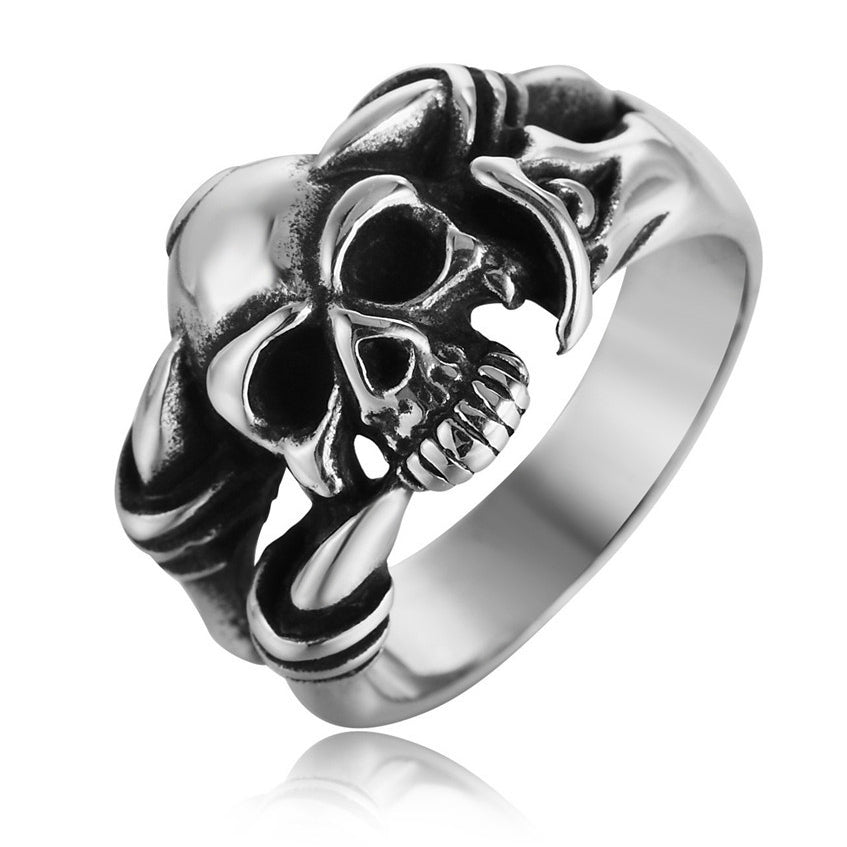 Halloween Skeleton Head Split Shank Titanium Steel Ring for Men