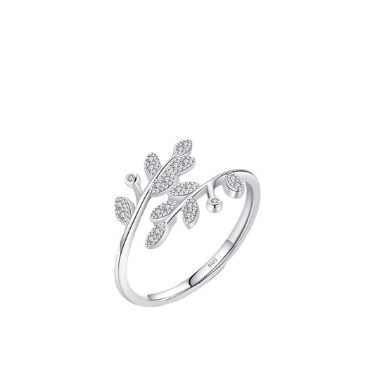 Sterling Silver Adjustable Zircon Leaves Open Ring