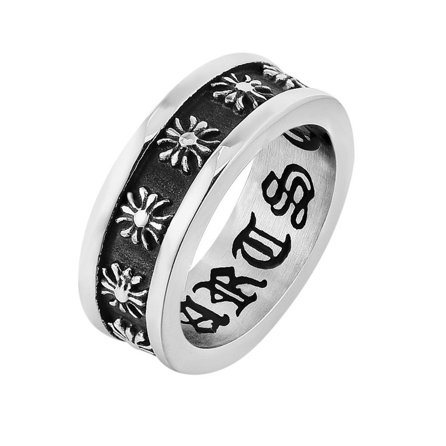 Row of Croix Flower Grooved Titanium Steel Ring for Men