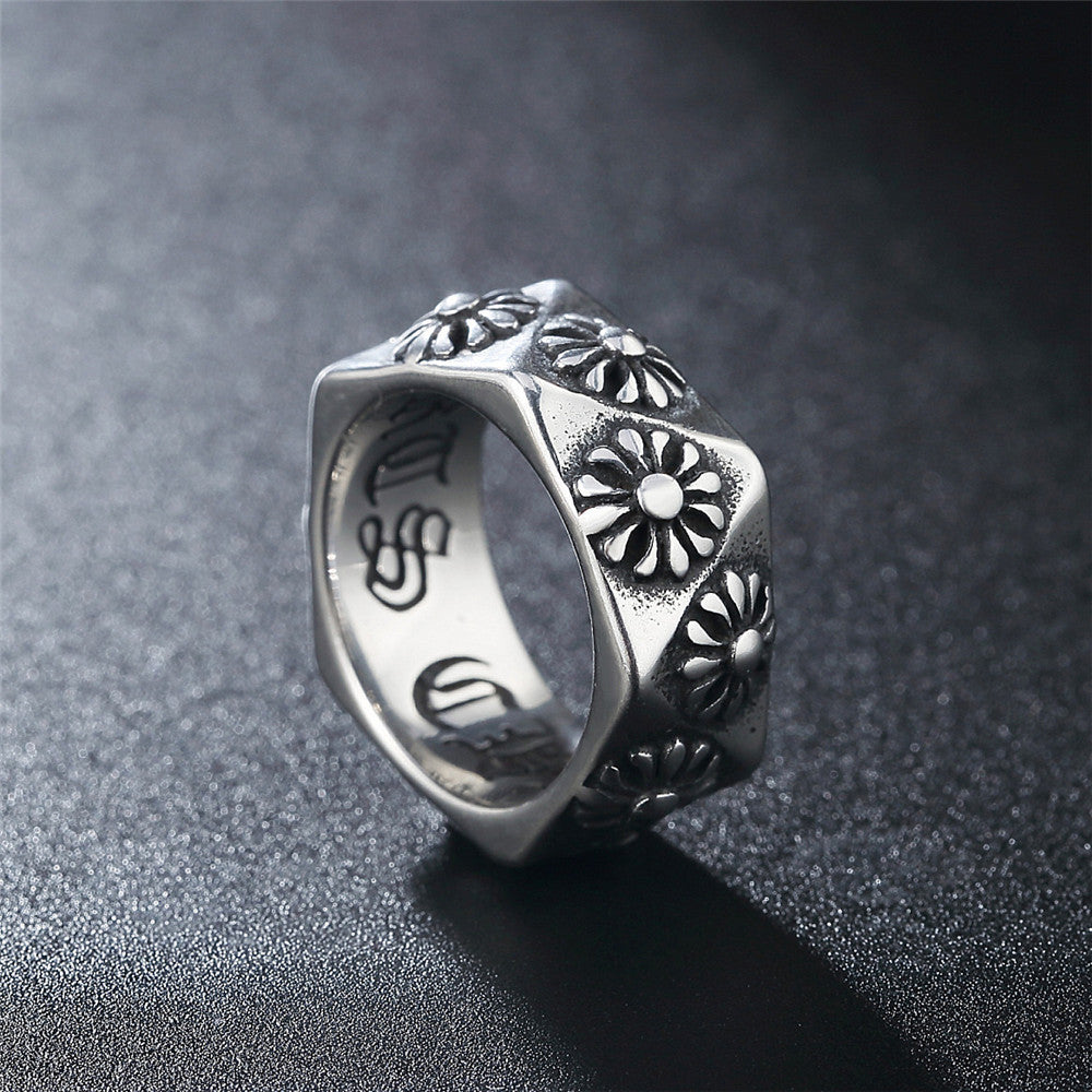 Relief Flower Triangle Surface Titanium Steel Ring for Men