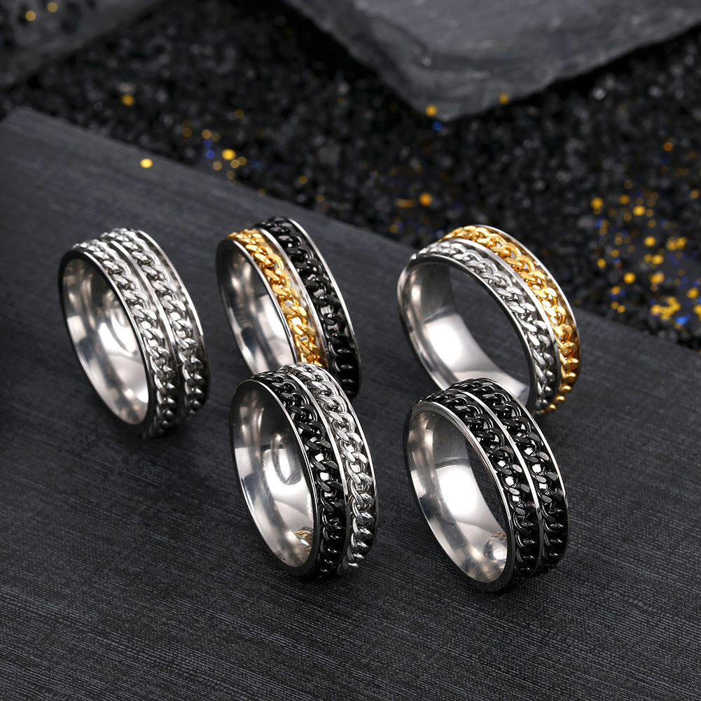 Men's Titanium Steel Double Chain Rotating Rings with Pressure-Reducing Cross-Border Jewelry