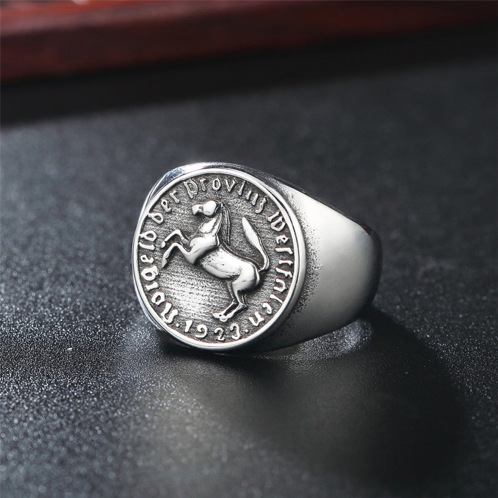 Knight Warhorse Coin Titanium Steel Ring for Men