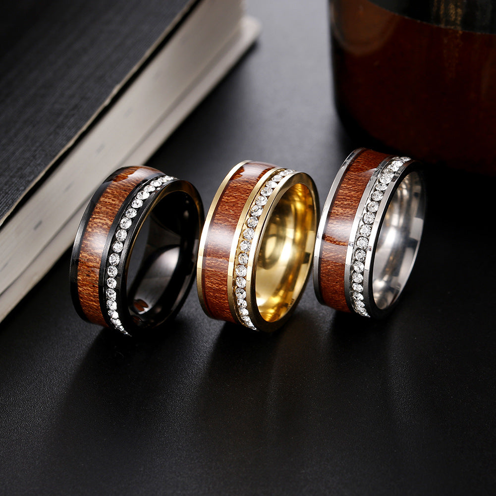 Exquisite Acacia Wood Grain Zircon Couple Rings - European Style Crafted Steel Rings for Men - Size 6-13