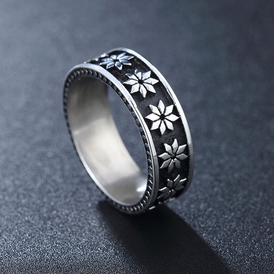 Row of Octagonal Flower Titanium Steel Ring for Men