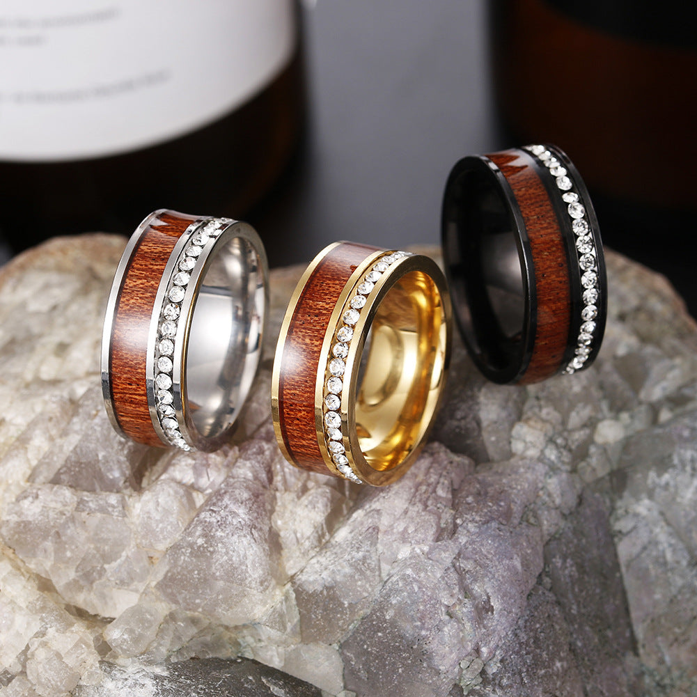 Exquisite Acacia Wood Grain Zircon Couple Rings - European Style Crafted Steel Rings for Men - Size 6-13