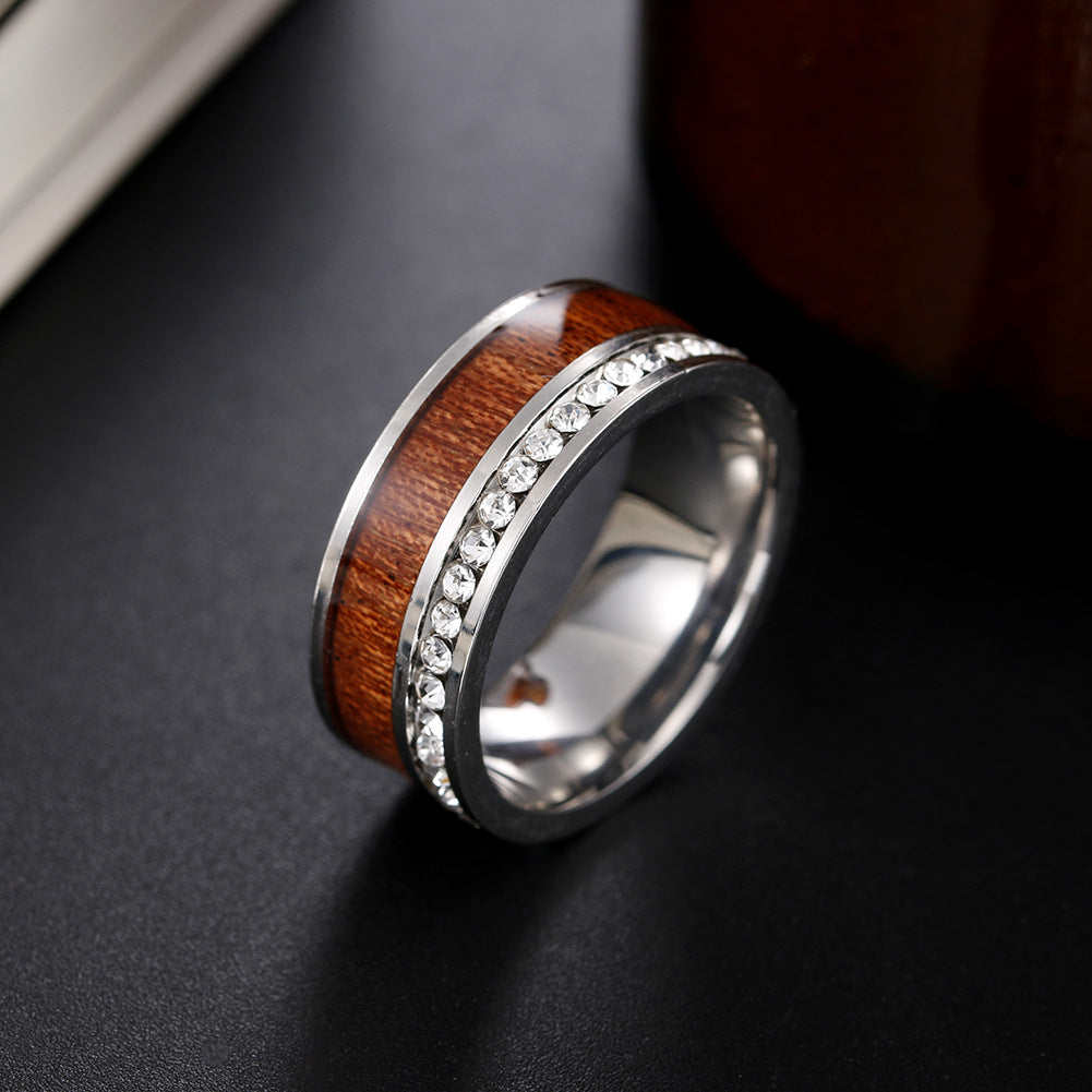 Exquisite Acacia Wood Grain Zircon Couple Rings - European Style Crafted Steel Rings for Men - Size 6-13