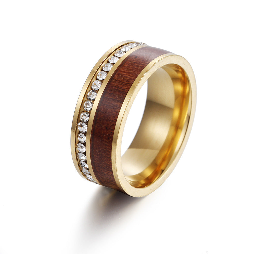 Exquisite Acacia Wood Grain Zircon Couple Rings - European Style Crafted Steel Rings for Men - Size 6-13