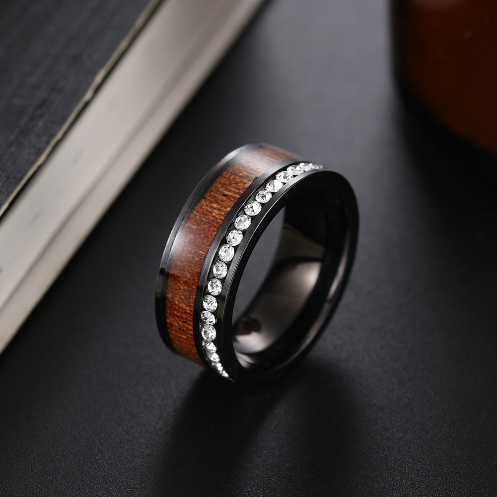 Exquisite Acacia Wood Grain Zircon Couple Rings - European Style Crafted Steel Rings for Men - Size 6-13