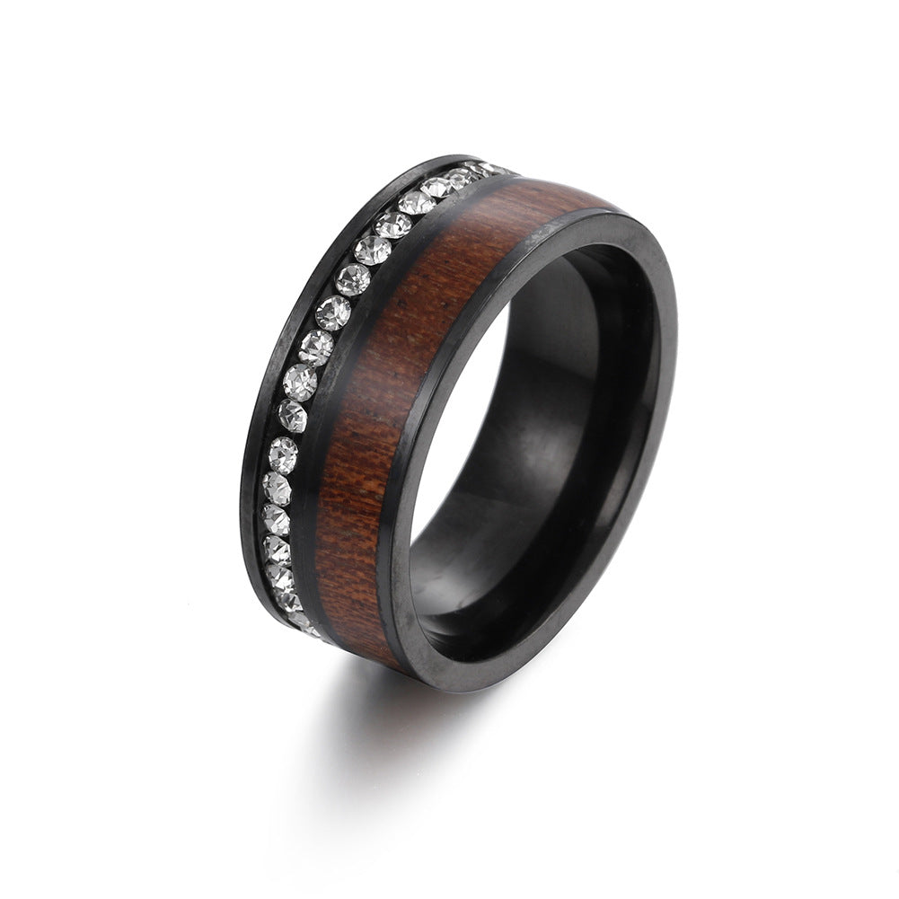 Exquisite Acacia Wood Grain Zircon Couple Rings - European Style Crafted Steel Rings for Men - Size 6-13