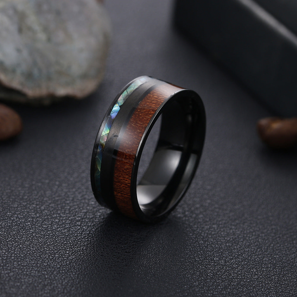 9MM Acacia Wood and Abalone Shell Men's Titanium Ring - American Size Jewelry Wholesale