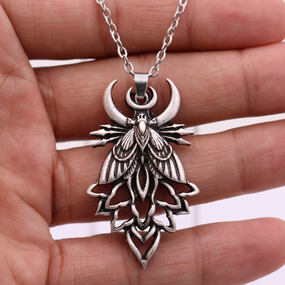 Gothic Death Moth and Skull Moon Pendant Necklace for Men