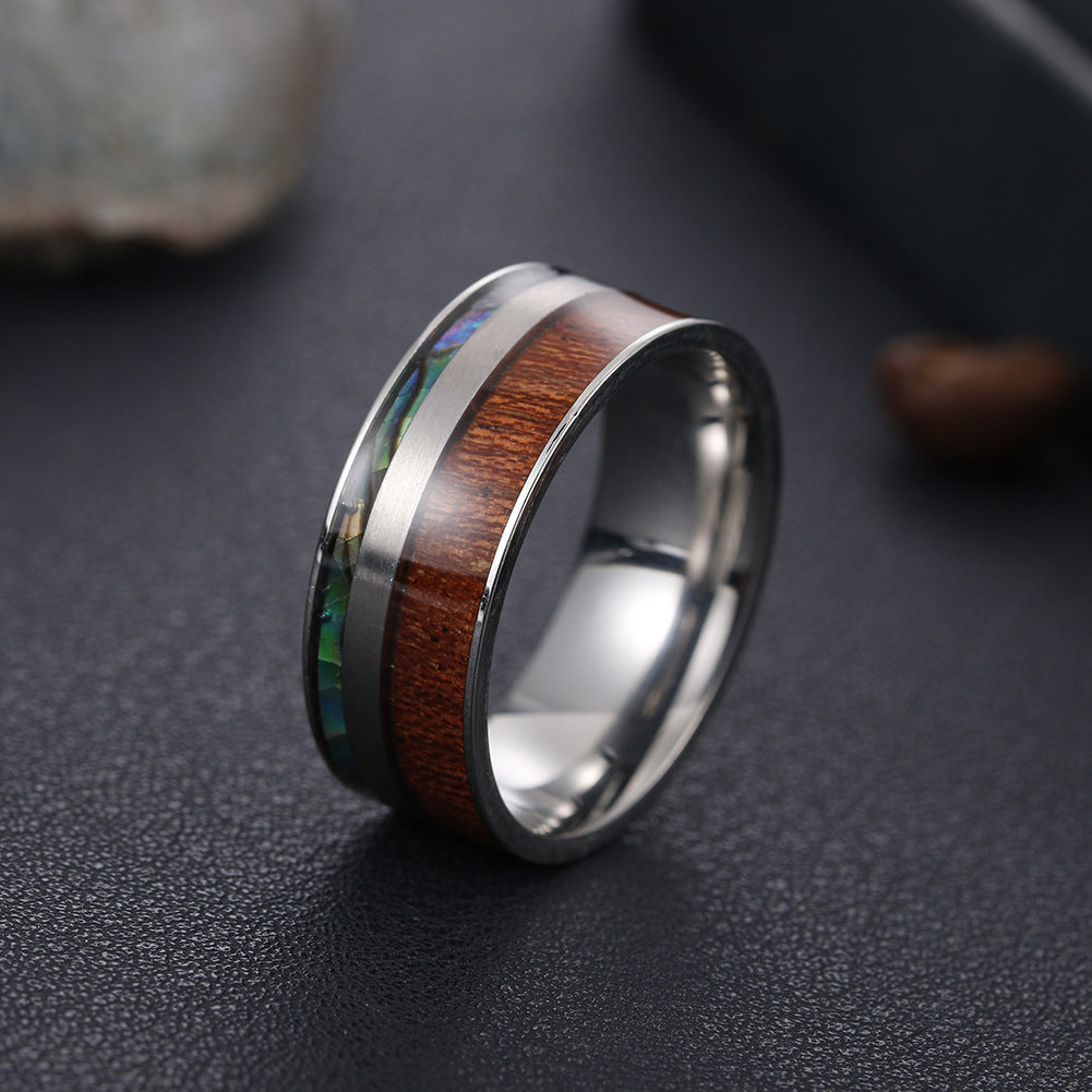 9MM Acacia Wood and Abalone Shell Men's Titanium Ring - American Size Jewelry Wholesale