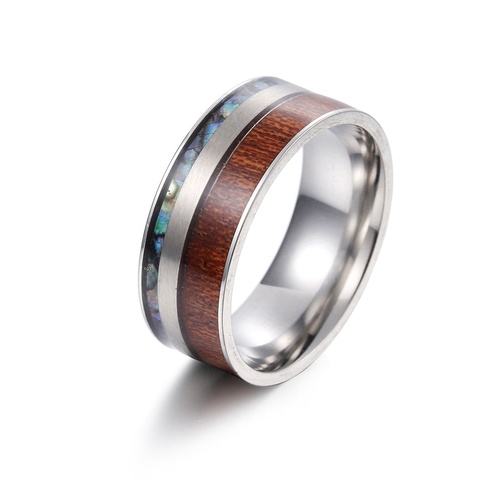 9MM Acacia Wood and Abalone Shell Men's Titanium Ring - American Size Jewelry Wholesale